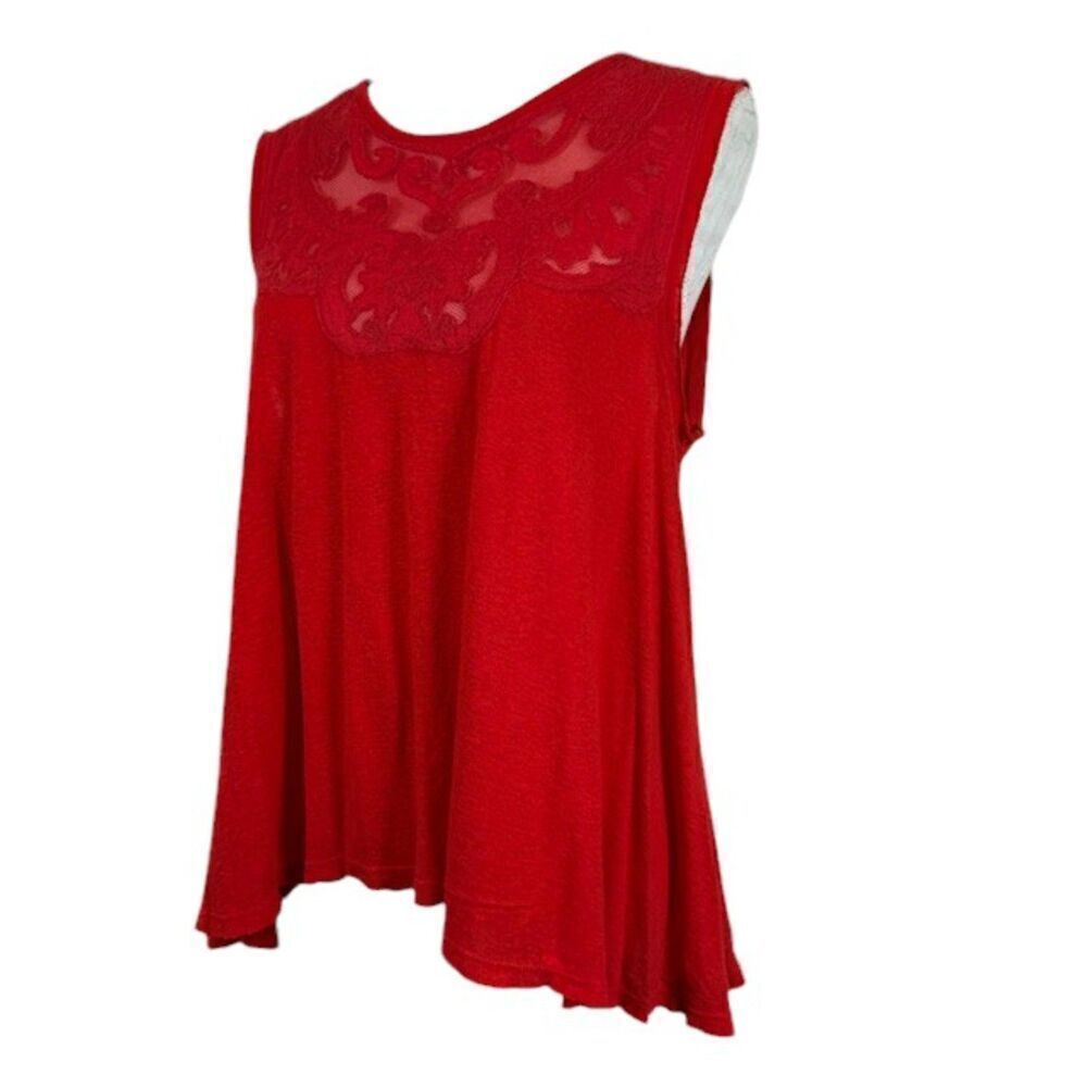 Free People‎ Meant to Be Tee Linen Blend Red Lace Sleeveless Slub Oversized XS - Picture 3 of 10